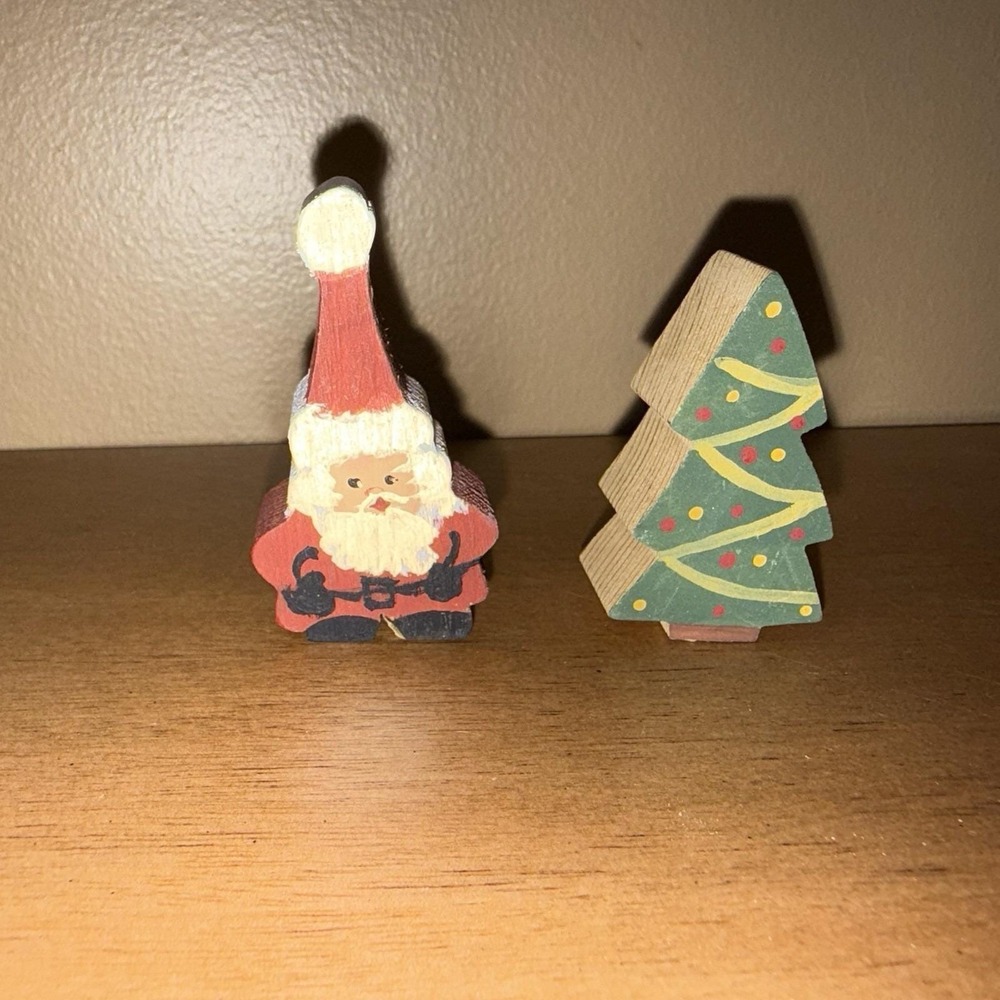Vintage Miniature Wooden Santa Claus and Christmas Tree Figurines Folk Art Set